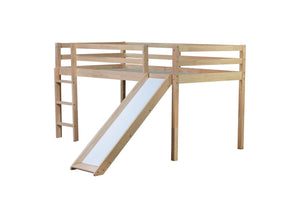 English Elm Twin Low Loft Bed with Slide and Ladder for Kids, Rubberwood Frame, Safety Guardrails & Playspace White Oak W504P218527