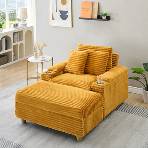 English Elm Orange Corduroy Single Sofa with Ottoman Storage, Built-In Armrest Compartments, Removable Pillow Covers W1658S00140