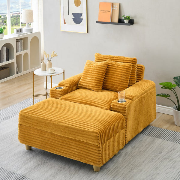 English Elm Orange Corduroy Single Sofa with Ottoman Storage, Built-In Armrest Compartments, Removable Pillow Covers W1658S00140