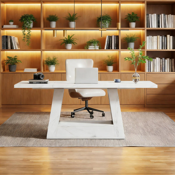 English Elm Spacious Faux Marble Executive Office Desk with Trapezoidal Legs for Modern Workspaces T3971P449349