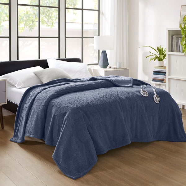 JLA Home Serta - Blanket Plush Heated Blanket with 10 Heat Settings, Overheat Protection, Machine Washable, 5-Year Warranty Navy ST54-3575