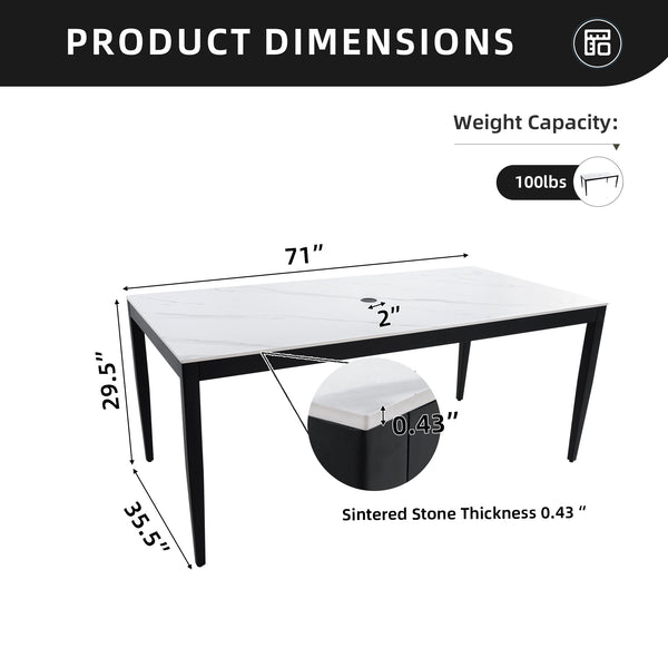 English Elm Outdoor Modern Patio Dining Table 35.5"x71" with Sintered Stone Top, Tapered Legs, Weatherproof Elegance Ember Black Frame,Greek White Marble-Inspired Sintered Stone W1886P272393