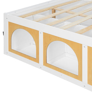 English Elm Full Size Kids Platform Bed with Led Lighting Bookshelf Display Cabinet and Storage Drawer White+Natural N820S00077K