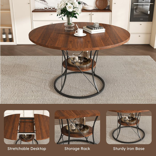 English Elm 43 Inch Expandable Round Dining Table Walnut Veneer Seats Six with Metal Storage Shelf Walnut+Black W2700P411580