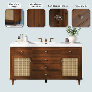 English Elm 60" Boutique Bathroom Vanity Rattan Doors Soft Close Drawers Smc Sink Pine Legs Brown N817P397678B