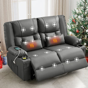 English Elm Recliner Loveseat with Massage Heat Pu Leather Dual Seating and Usb Charging Ports Grey W1521S00081