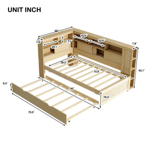 English Elm Twin Daybed with Built-In Shelves, USB Port & Trundle — Solid Pine Frame, Sturdy Storage and Smooth Wheels for Space-Saving Sleep Solutions Natural GX000467AAN