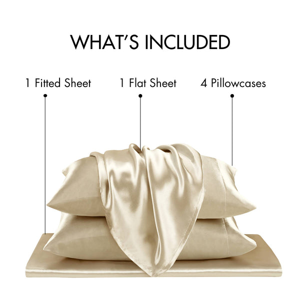 JLA Home Madison Park Essentials - Luxury Satin Sheet Set for Smooth, Skin-Friendly Sleep with Wrinkle-Resistant Finish & OEKO-TEX Safety Champagne MPE20-1158
