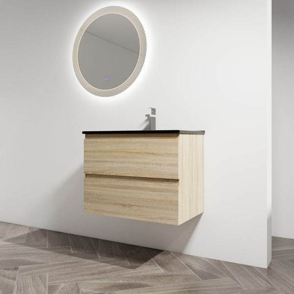 English Elm 30" Wall-Mounted Bathroom Vanity With Black Sink, Soft-Close Drawers, Modern Space-Saving Design W999S00194