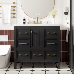 English Elm 36'' Bathroom Vanity with Resin Sink, Solid Wood Frame, 5 Drawers, Soft-Close Doors, Gold Knobs, Spacious Storage Black SW000142AAB-1