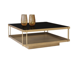 Sunpan Finch Coffee Table - Stunning Mid-Century Design with Black Glass Top & Antique Brass Shelf, 40" Square