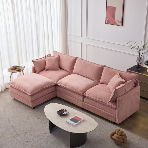English Elm 105" L-shaped Chenille Sectional with Ottoman Pocket Spring Living Room Sofa Pink W1097S00232