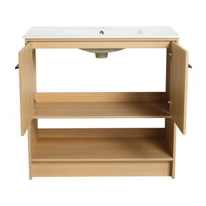 English Elm 36" Modern Bathroom Vanity With Ceramic Sink, Soft Closing Doors & Open Shelf For Stylish Storage W1972S00019