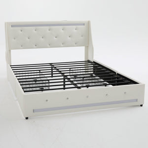 English Elm Queen Platform Bed Wingback Diamond Quilted Headboard Led Lighting Storage Drawers White W5722P462686