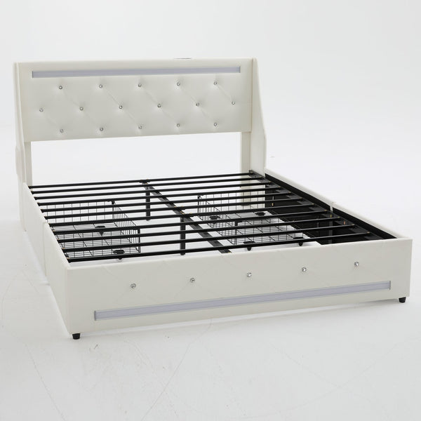 English Elm Queen Platform Bed Wingback Diamond Quilted Headboard Led Lighting Storage Drawers White W5722P462686