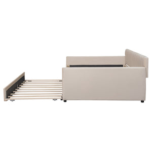English Elm Full Size Velvet Upholstered Daybed with Pull Out Trundle and Wood Slat Support Beige LP100121AAA
