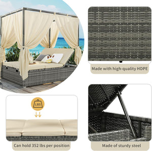 English Elm Wicker Adjustable Canopy Daybed with Curtains and Cushions, PE Rattan Steel Frame for Poolside Relaxation W349P271980