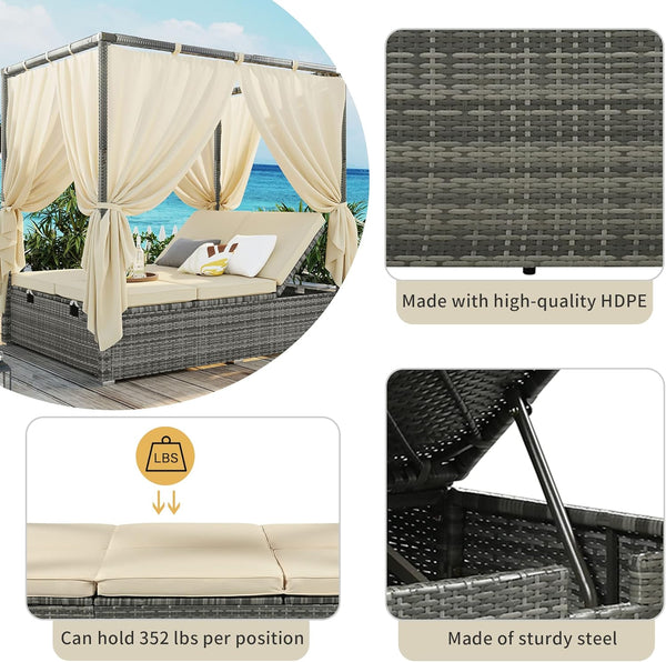 English Elm Wicker Adjustable Canopy Daybed with Curtains and Cushions, PE Rattan Steel Frame for Poolside Relaxation W349P271980