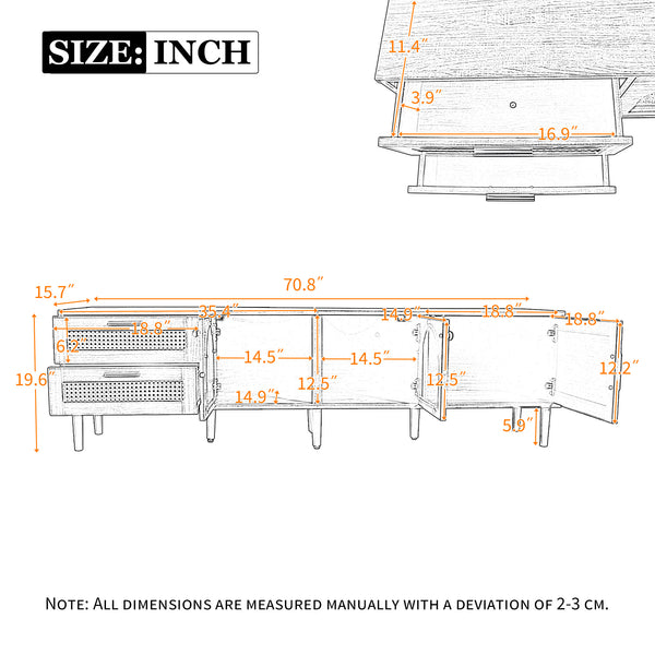 English Elm Rattan Black TV Stand with 3 Cabinets & 2 Rattan Drawers, LED Media Console, Cable Management, 80" N710P206015B