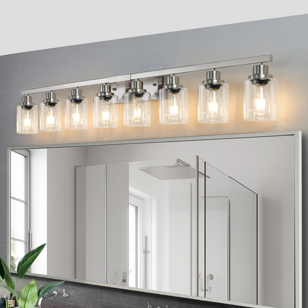 English Elm 51" Brushed Nickel 8-Light Bathroom Vanity Fixture with Clear Glass Shades, Modern Wall-Mount Lighting W2312P374798