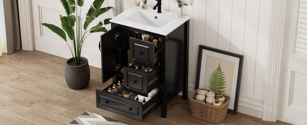 English Elm Christopher Knight Home® - 24 Freestanding Retro Bathroom Vanity with Ceramic Sink, Soft-Close Cabinet & Drawers, Painted MDF Finish Black N759P292551B