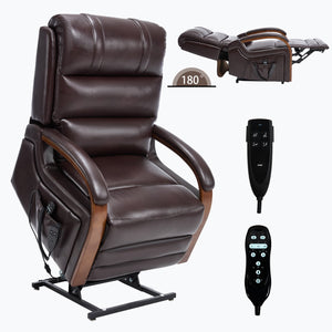 English Elm Power Lift Recliner with Dual Motor Heat Massage Wood Armrests Brown Leatheraire W1803S00080