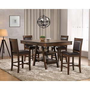 English Elm Ferrara 5-Piece Counter Height Dining Set with Walnut Finish, Faux Leather Brown Chairs & Storage B062S00989