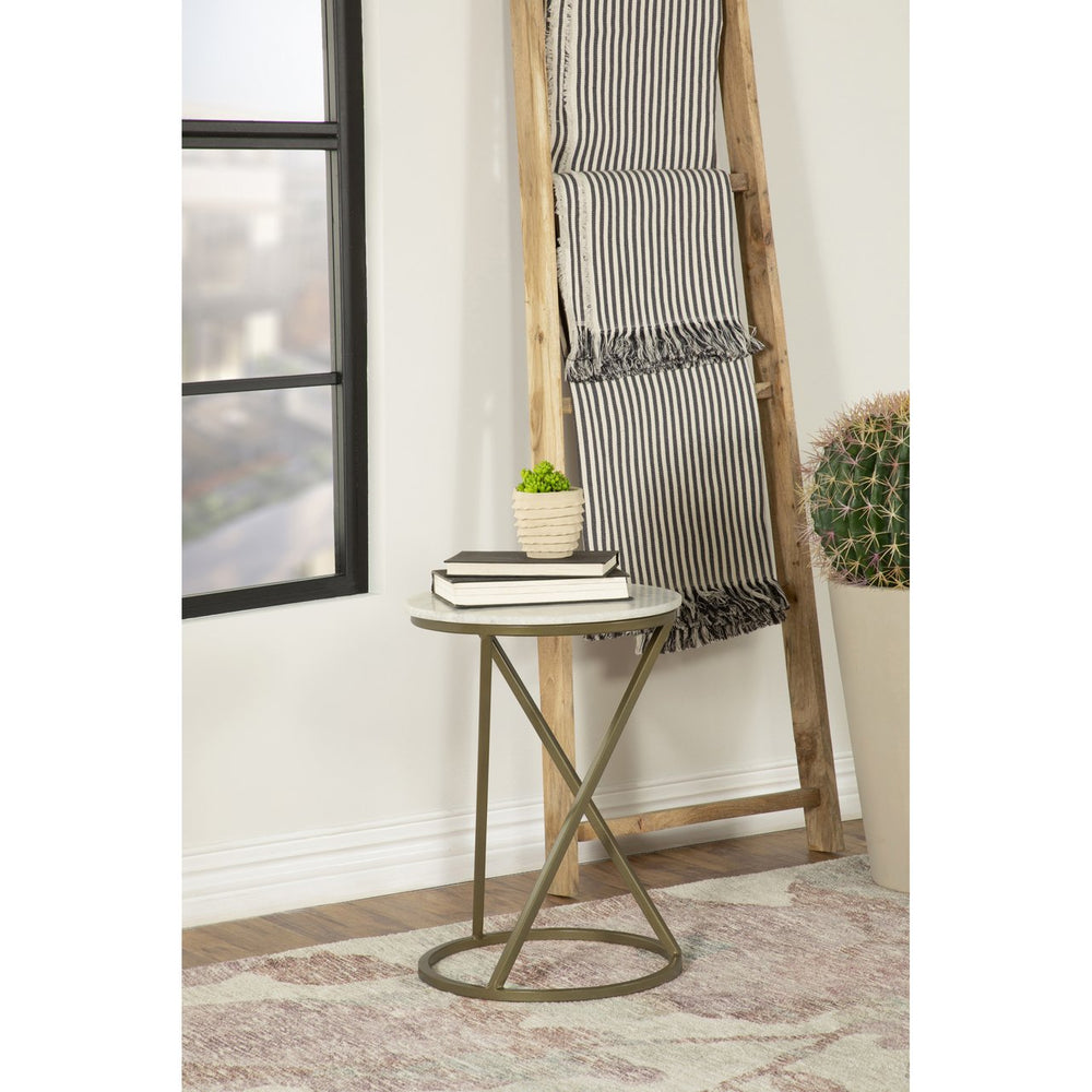 English Elm Balboa Honed Marble Round Side Table with Geometric Antique Gold Iron Base B062P447809