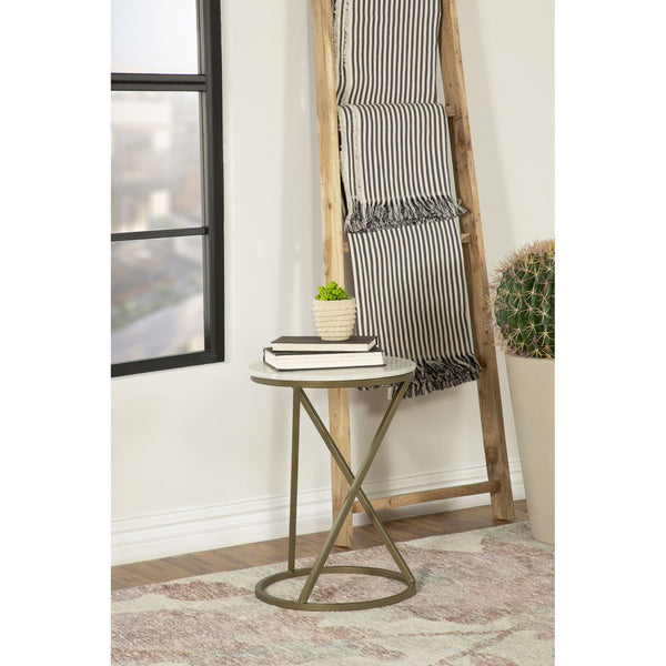 English Elm Balboa Honed Marble Round Side Table with Geometric Antique Gold Iron Base B062P447809