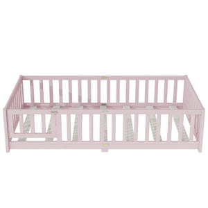 English Elm Twin Low Profile Rubberwood Floor Bed with Full Safety Fence for Toddler Rooms Pink W504P429281