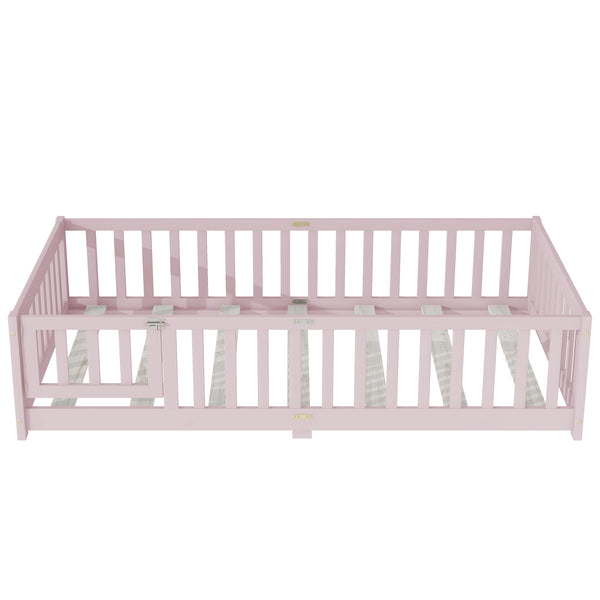 English Elm Twin Low Profile Rubberwood Floor Bed with Full Safety Fence for Toddler Rooms Pink W504P429281