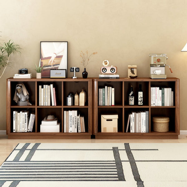 English Elm 6 Cube Farmhouse Bookcase Low Horizontal Wood Shelf Walnut Finish for Living Room W2641P460042