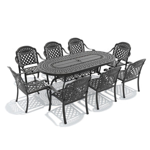 English Elm 9-piece Cast Aluminum Outdoor Dining Set with Carved Detail and Weather Resistant Cushions W1710S00645
