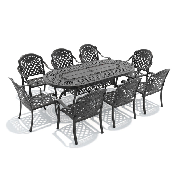 English Elm 9-piece Cast Aluminum Outdoor Dining Set with Carved Detail and Weather Resistant Cushions W1710S00645