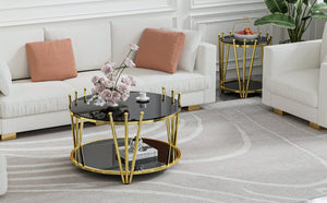 English Elm 31.5inch Modern Luxury Gold Coffee Table with Two-Tier Storage, Tempered Glass Top, Elegant Crown Design Black W1550P171454