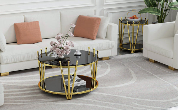 English Elm 31.5inch Modern Luxury Gold Coffee Table with Two-Tier Storage, Tempered Glass Top, Elegant Crown Design Black W1550P171454