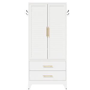 English Elm White Steel Freestanding Wardrobe Cabinet with Rod and Shelves for Dorm or Apartment T2398P480393
