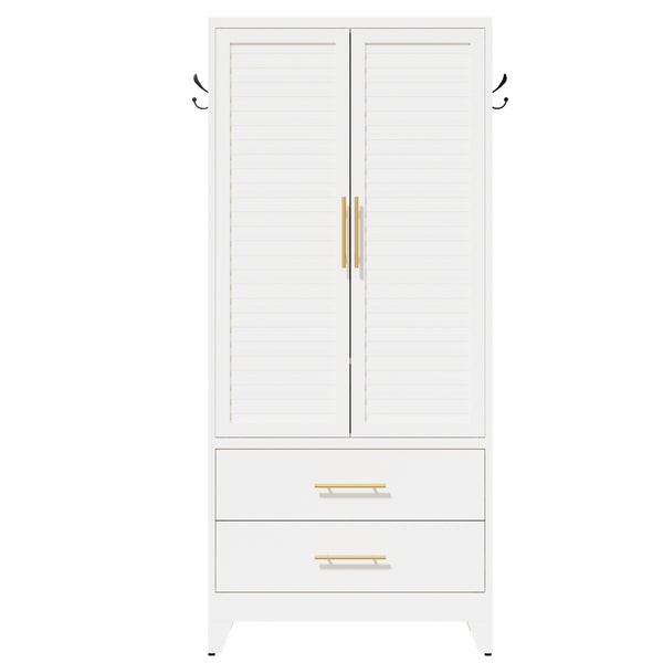 English Elm White Steel Freestanding Wardrobe Cabinet with Rod and Shelves for Dorm or Apartment T2398P480393