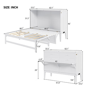 English Elm Queen Murphy Bed with Shelf & Built-In USB Charging Station, Space-Saving White Wall Cabinet Design SM000338AAK