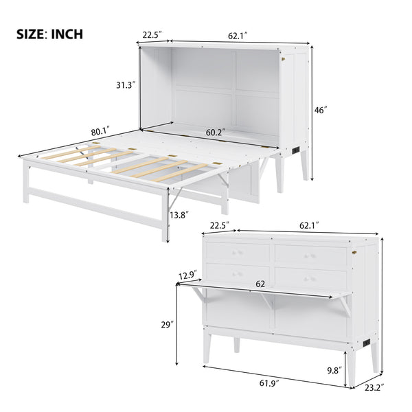 English Elm Queen Murphy Bed with Shelf & Built-In USB Charging Station, Space-Saving White Wall Cabinet Design SM000338AAK