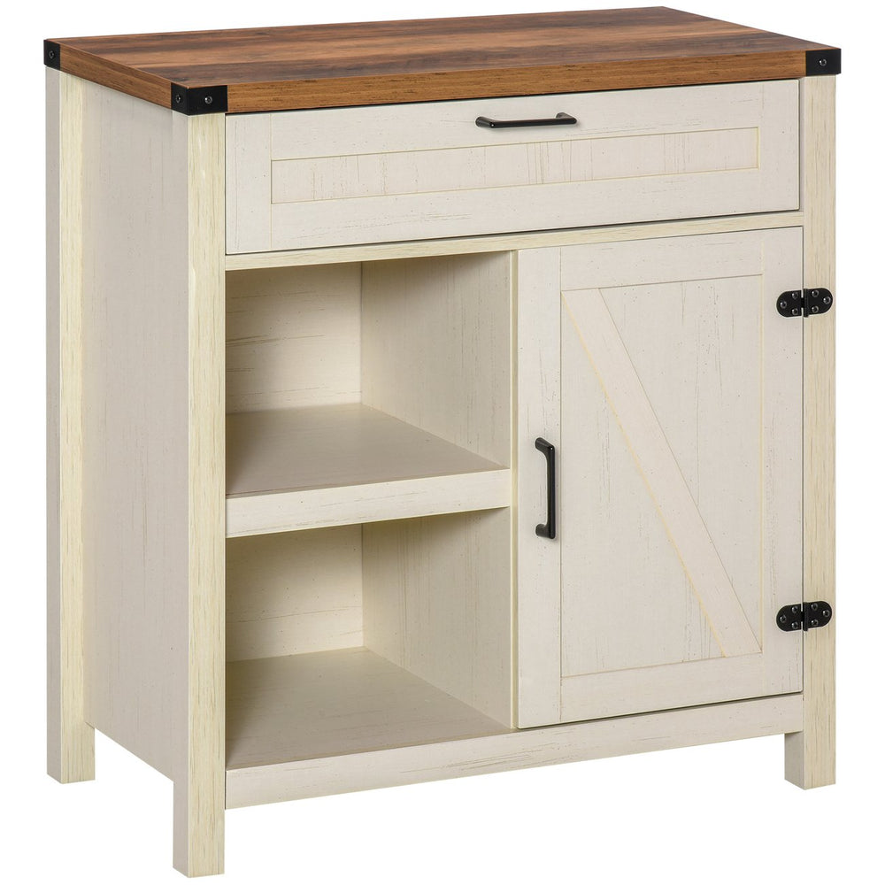 English Elm Cabinet Farmhouse Buffet with Sliding Barn Door Open Shelving and Drawer Storage T3971P388005