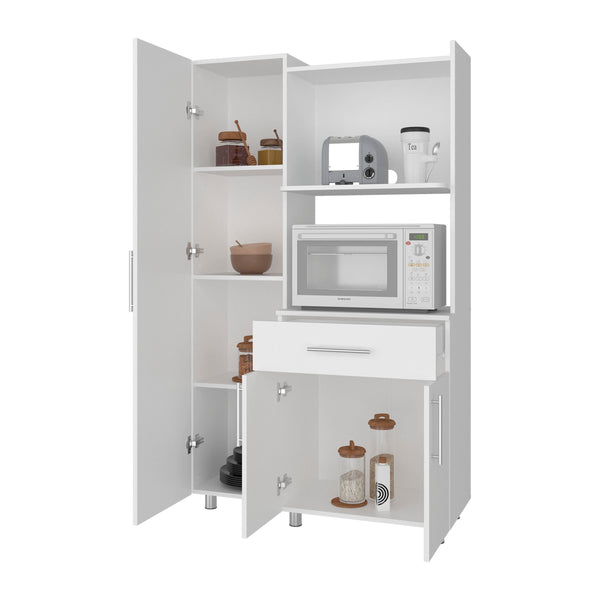English Elm White Tall Pantry Cabinet with Microwave Shelf Deep Drawer and Open Compartments B062S01858
