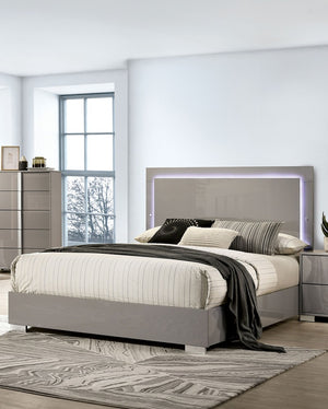 English Elm Contemporary Eastern King Bed With Led Headboard, Light Taupe Finish, Modern Bedroom Furniture Design B2741S00082