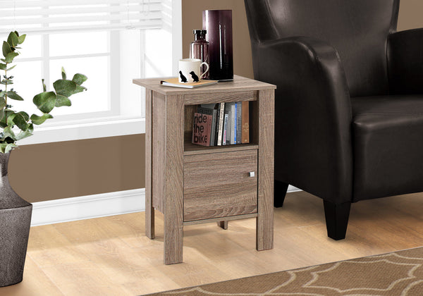 English Elm Accent Table Elegant Transitional Nightstand with Cabinet & Open Shelf, Brown Laminate, Sturdy Legs taupe 28 L x 18 W x 6 H B2710P218954