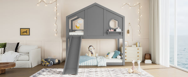 English Elm Full Bunk Bed with Trundle Bookshelf Storage Pine Frame Car Design for Kids Gray W1580S00465
