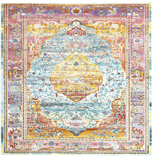 Unique Loom Baracoa Miramar Machine Made Border Rug Light Blue, Blue/Gold/Red/Purple/Olive/Yellow 8' 2" x 8' 2"