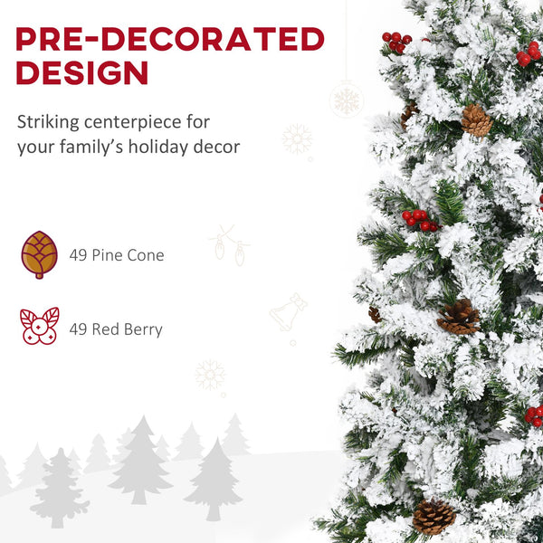 English Elm Homcom 9 Foot Snow Flocked Pencil Christmas Tree With Pine Cones & Berries For Compact Spaces W2225P229733