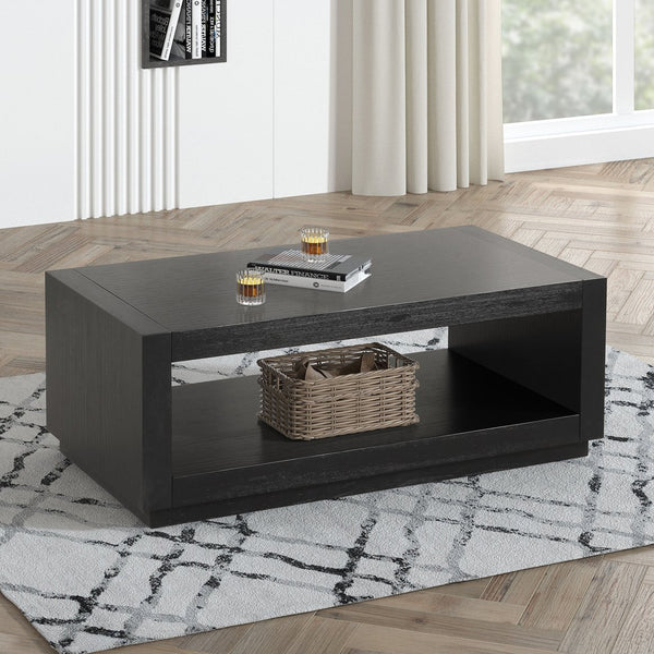 English Elm Contemporary Rectangle Coffee Table With Open Shelf, Black Finish For Modern Living Room Style B2741P395379