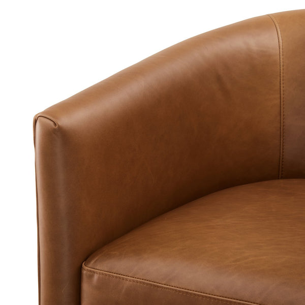 English Elm Jasmine Wax-Oiled Top Grain Leather Swivel Accent Chair — Barrel Design, Removable Cushions, Brown Finish B050P390587