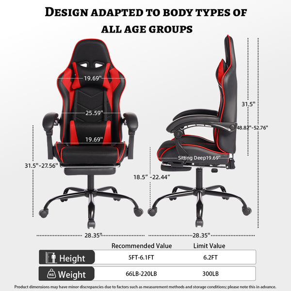 English Elm Deepfurniture Racing Style Gaming Chair Pu Leather Massage Lumbar Footrest Home Office Black+Red W3860P428626